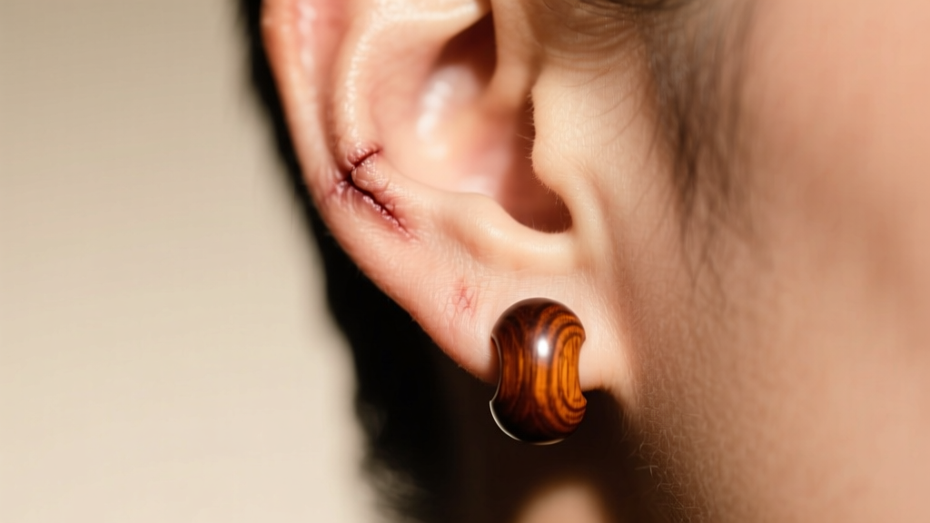 Close-up of a healed 10mm stretched earlobe wearing a smooth mahogany wood double-flared plug earring under warm studio lighting