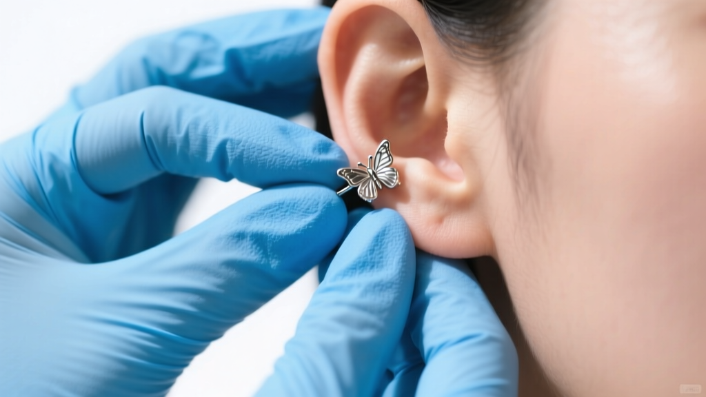 Blue nitrile gloved hands holding an earlobe to safely remove a stuck metal butterfly earring back under bright light.