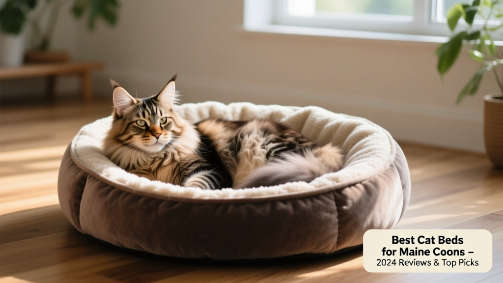 A relaxed Maine Coon lounging in a deep, plush round nest bed with soft fleece lining