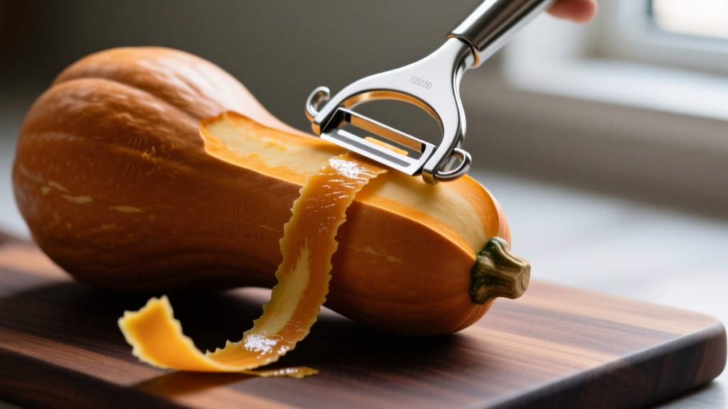 Close-up of a stainless steel Y-peeler effortlessly removing the skin of a butternut squash on a dark walnut cutting board with peels curling away