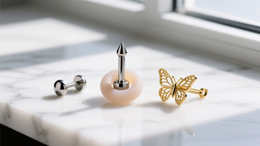 Flat lay of three double stud backs, including a titanium labret, a silicone O-ring, and a gold butterfly clutch on white marble