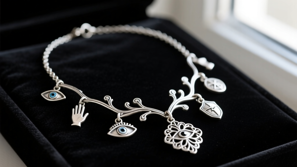 Macro photography of an antique sterling silver cimaruta necklace resting on dark velvet, highlighting intricate branching charms