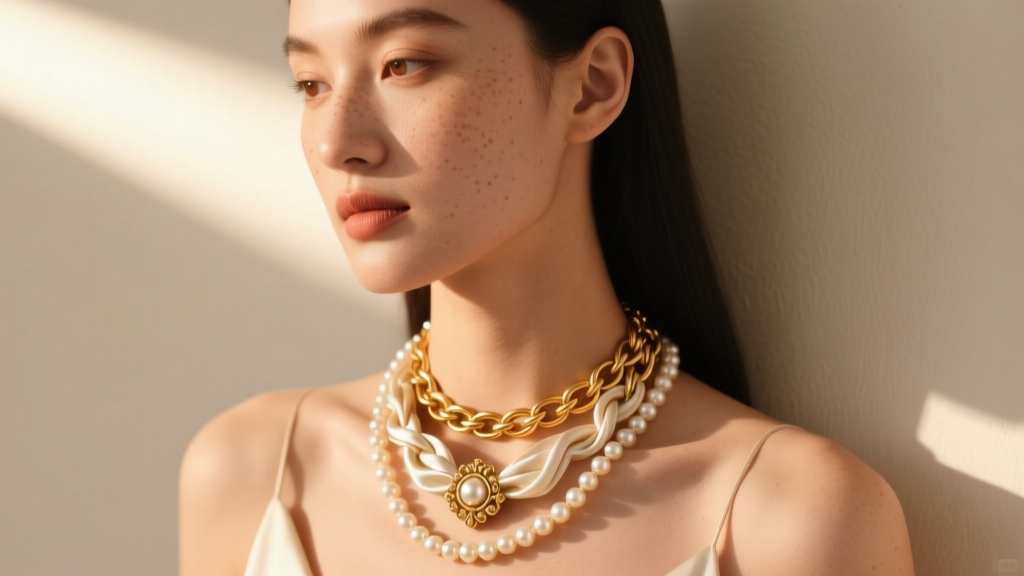Woman wearing a gold chain layered with a silk-knotted craft necklace and baroque pearl, illuminated by warm, directional sunlight.