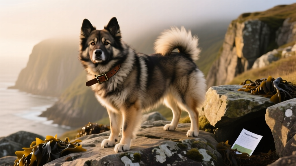 A Norwegian lundehund standing confidently on rocky terrain, showcasing its distinctive posture and dense coat