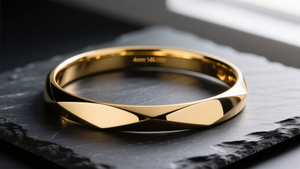 A polished 4mm 14k yellow gold open torque choker on dark slate, soft lighting highlighting the smooth, reflective metal ends.