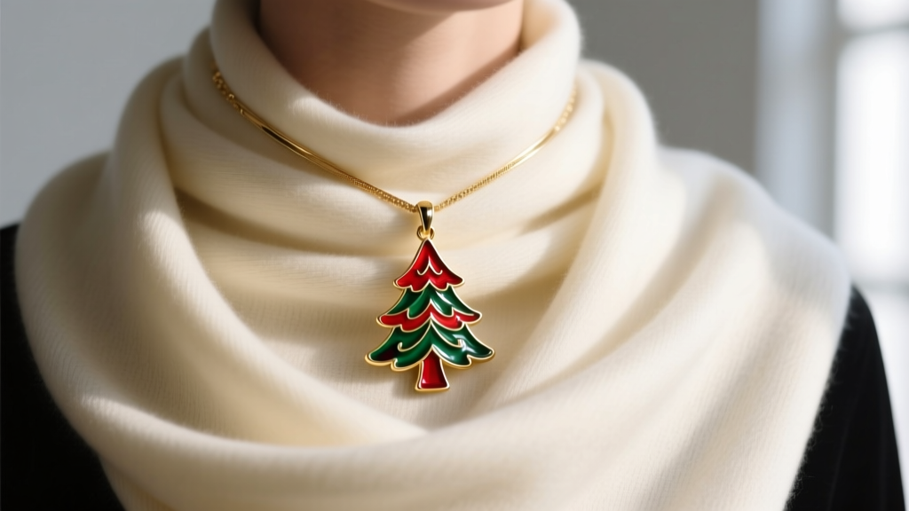 Modern demi-fine enamel Christmas tree pendant worn as a scarf slide on cream cashmere wrap, soft natural window lighting