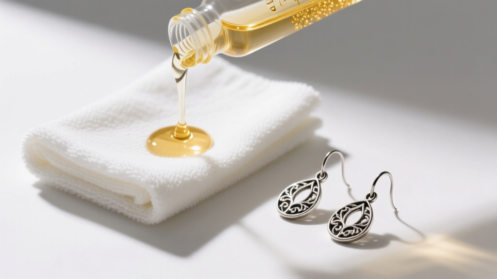 Overhead view of a jewelry cleaning kit with a microfiber cloth, polishing solution, and tarnished sterling silver drop earrings.