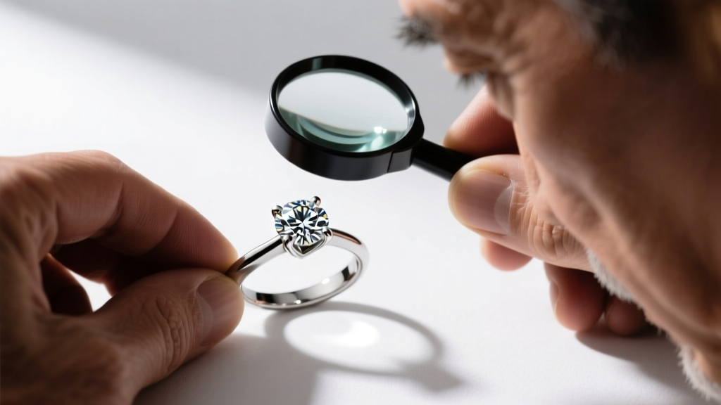 A jeweler examines a 0.5 carat round brilliant diamond in a platinum four-prong martini setting with a threaded post using a loupe