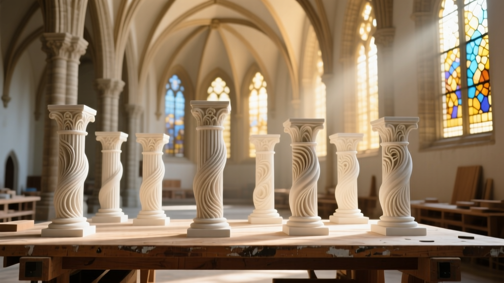 Intricate branching stone columns inside a bright basilica with 3D printed plaster architectural models on a wooden workbench
