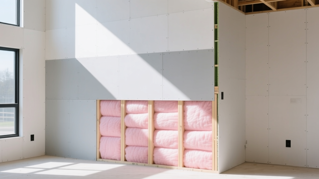 Wall cross-section showing pink fiberglass batts, rigid foam sheathing, and drywall in a bright residential construction site.