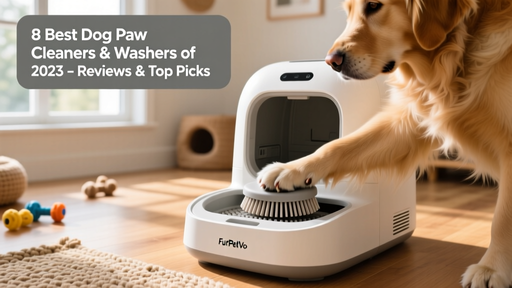 FurPetVo Automatic Paw Cleaner in use—paw inside the open chamber with visible soft silicone brushes