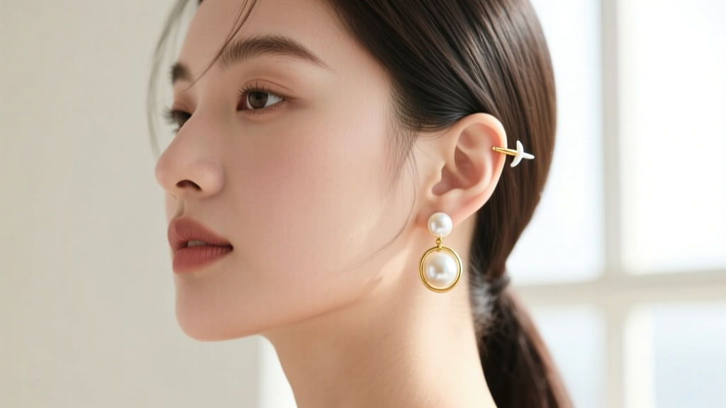 Side profile of a model showcasing faux cartilage and lobe stick-on earrings, featuring a minimalist gold and pearl design theme.