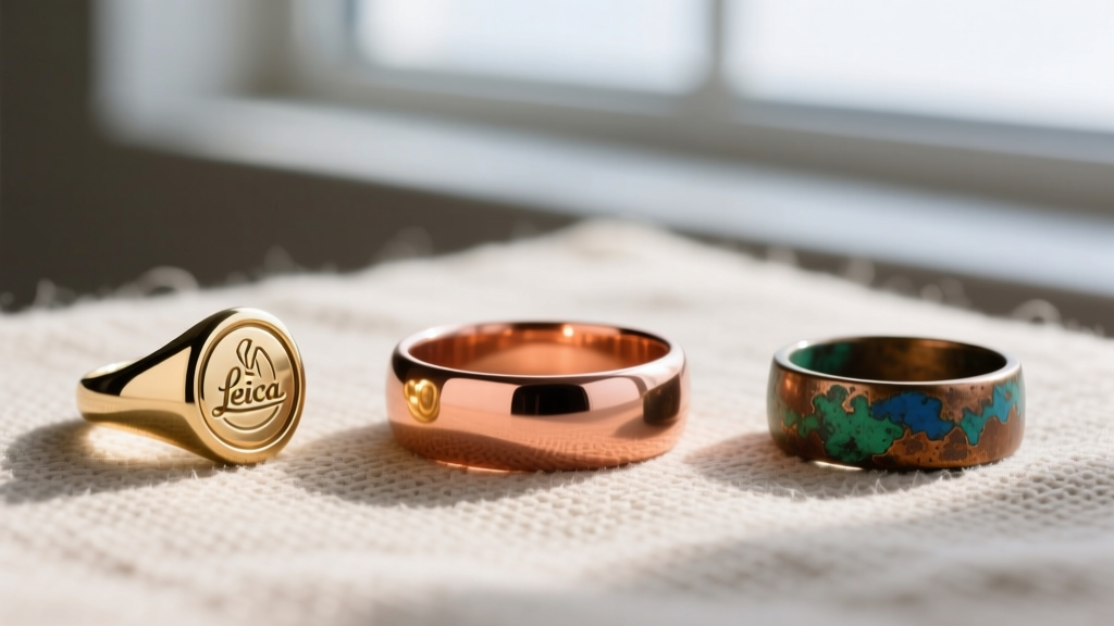 Three rings on raw linen: a bright copper band, polished brass signet, and oxidized bronze ring showing distinct patina levels.