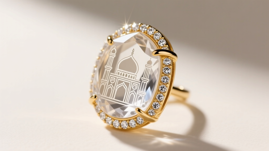 Macro shot of a Sevan reverse carved rock crystal earring with a detailed mosque motif set in 24k gold and a diamond pave halo.