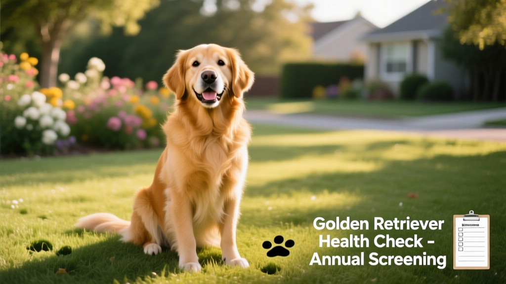 A healthy, smiling Golden Retriever sitting on a grassy lawn, bathed in natural light