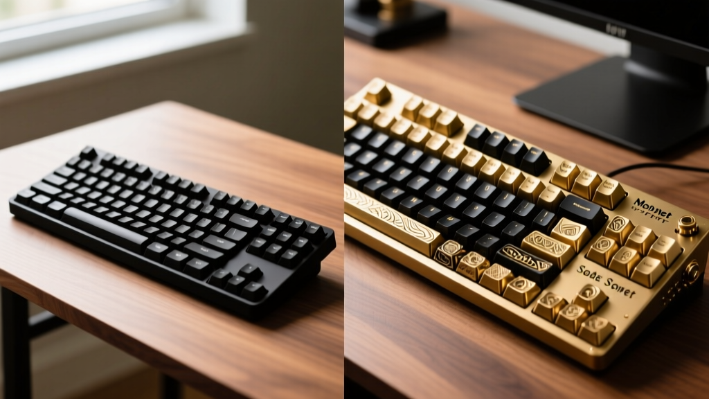 Split-screen desk showing a basic black plastic Keychron V1 keyboard next to a heavy brass custom Mode Sonnet keyboard with artisan keycaps