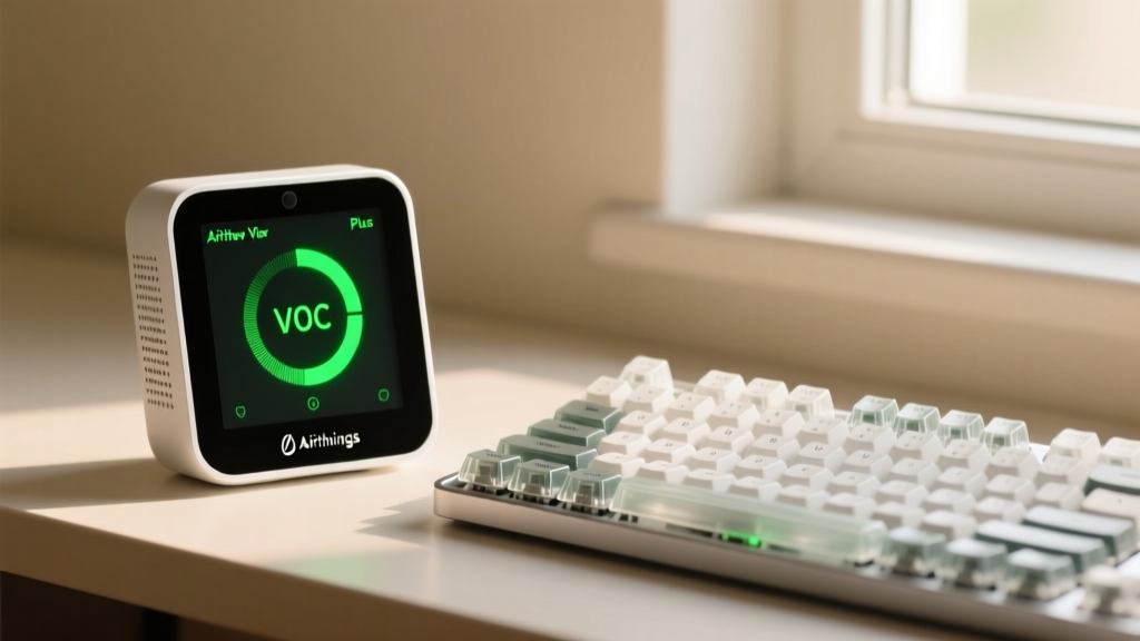 Airthings View Plus air quality monitor showing green VOC levels on its e-ink display next to a mechanical keyboard