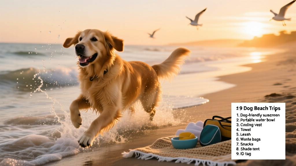 Golden Retriever happily splashing in shallow ocean waves at sunset