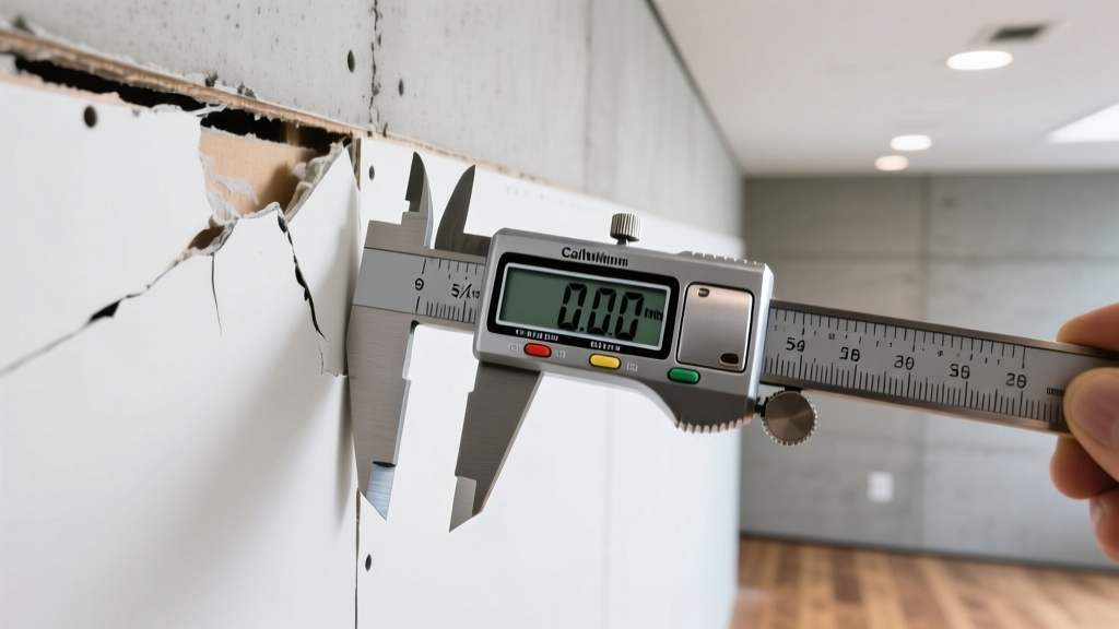 Digital caliper measuring a damaged 5/8-inch fire-rated gypsum board ceiling to ensure a perfectly flush drywall patch repair