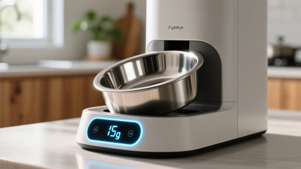 Close-up of a stainless steel pet bowl attached to a digital smart feeder displaying a glowing LED portion control interface