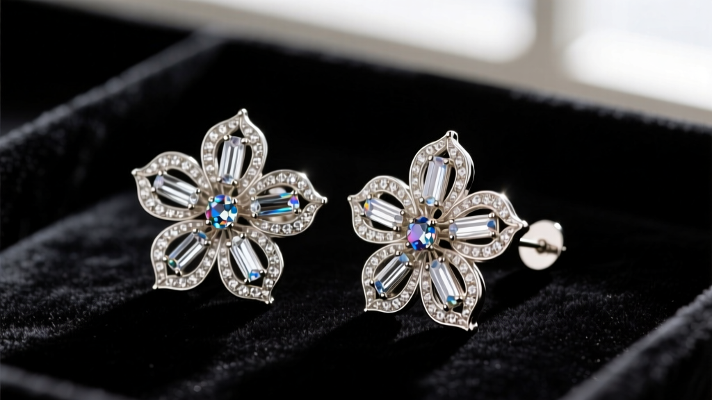 Close-up of 1950s Marcel Boucher floral clip-on earrings with pavé rhinestones and baguette glass in rhodium metal on dark velvet.