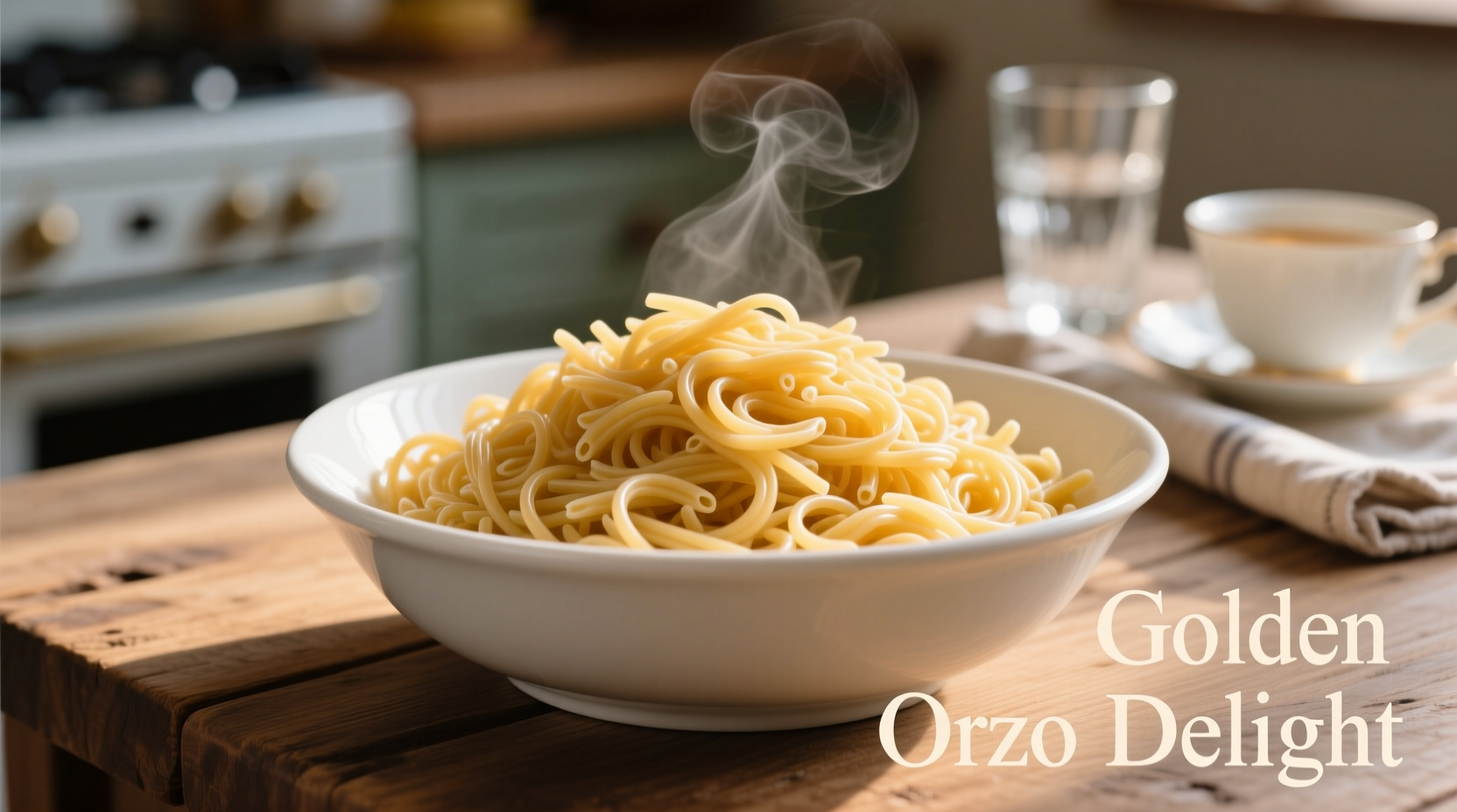 Fluffy golden orzo in white ceramic bowl