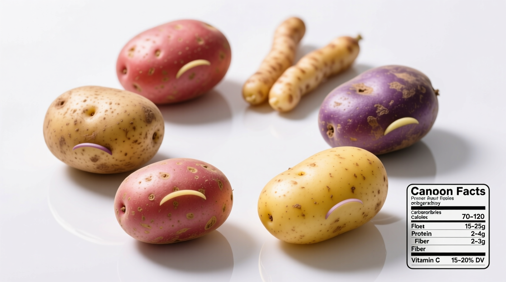 Close-up of different potato varieties showing nutritional labels