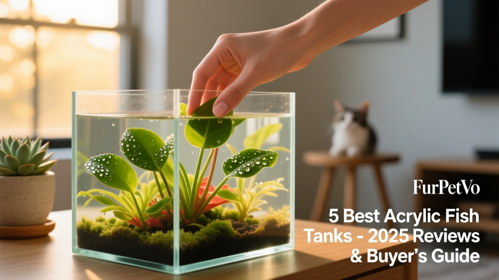 Close-up of hand placing aquatic plants into a FurPetVo acrylic tank, showing clarity and smooth edge finish