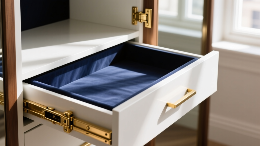 Interior of a jewelry armoire drawer featuring anti-tarnish Pacific cloth lining and heavy-duty brass piano hinges.