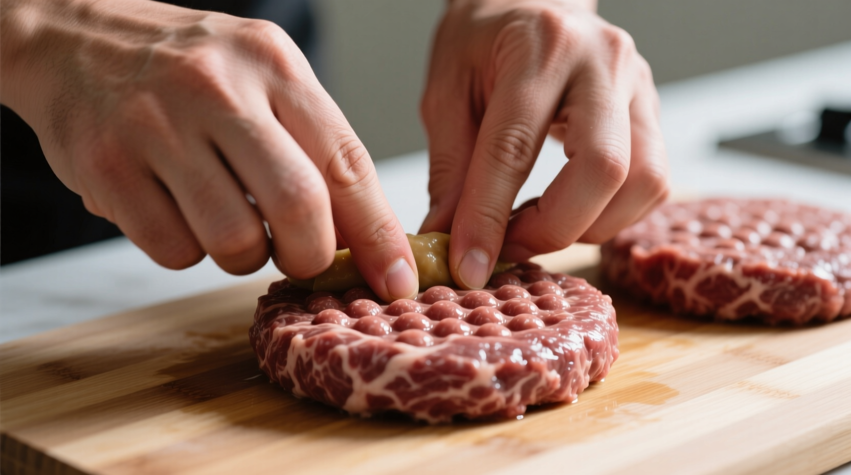 Hands forming hamburger patties with dimpled center