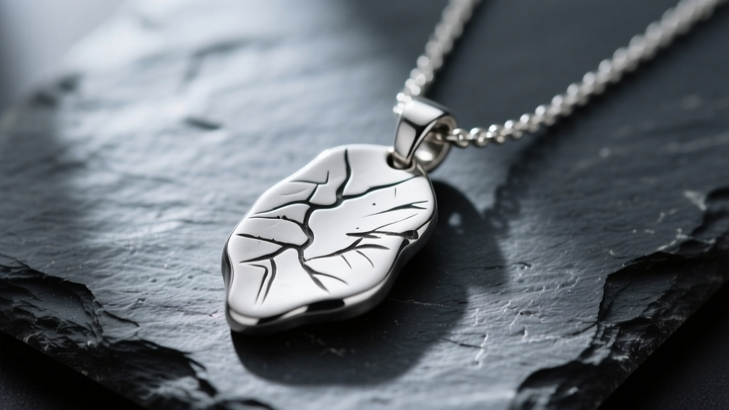 Close-up of a hand-chiseled sterling silver pendant necklace resting on dark slate, highlighting raw hammer marks and matte finish