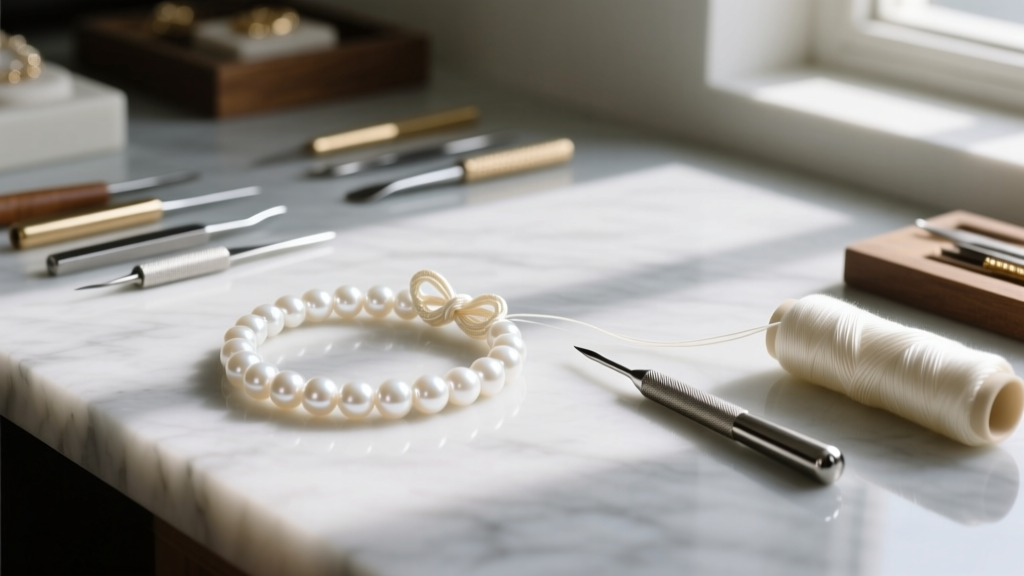A jeweler workbench holding ivory silk thread, a steel awl, and a partially knotted strand of round white freshwater pearls.