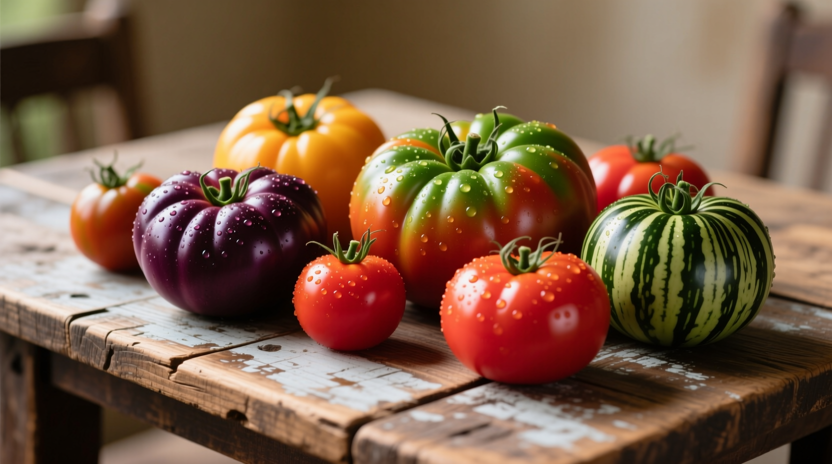 Fresh tomatoes showing different varieties on wooden table