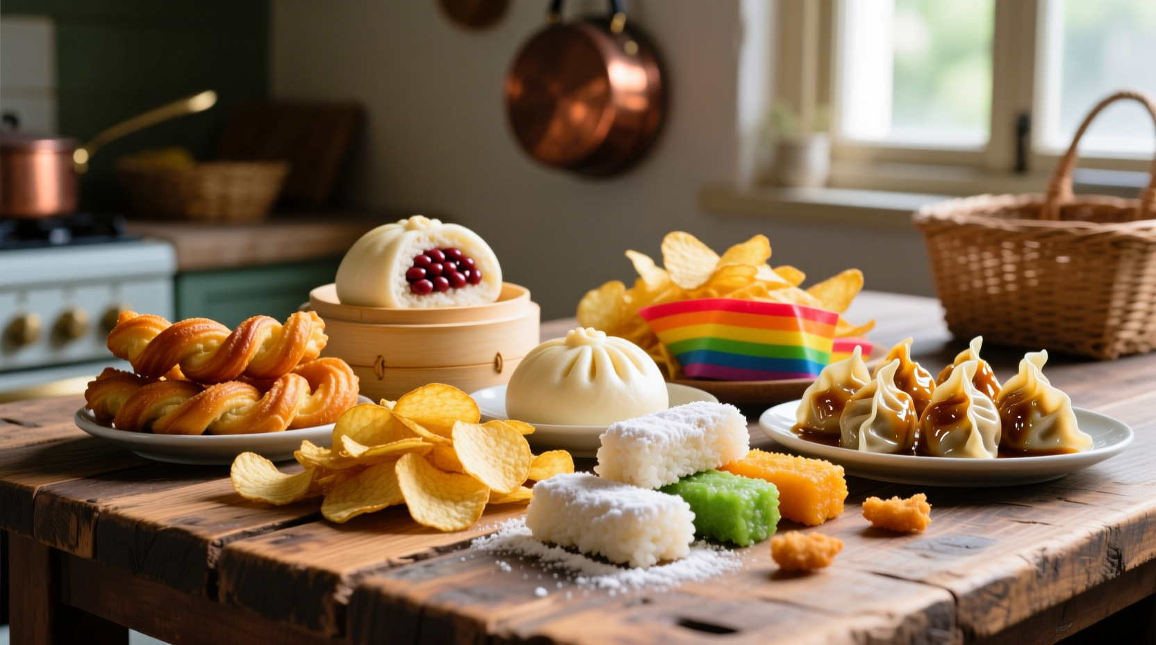 Colorful assortment of starchy foods on wooden table