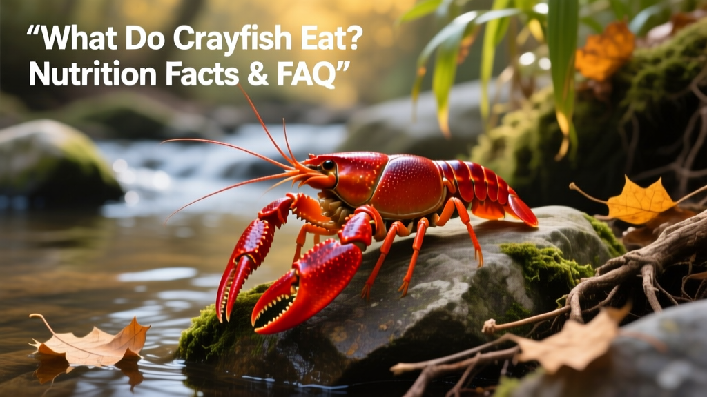 A vibrant crayfish perched on river rocks beside aquatic plants and fallen leaves