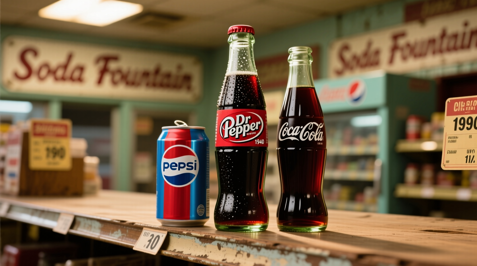 Dr Pepper bottle next to Pepsi and Coke