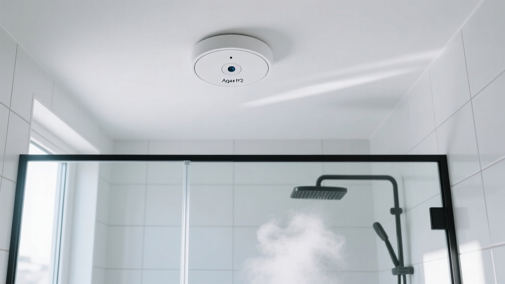White circular Aqara FP2 presence sensor mounted flush on a white bathroom ceiling directly above a walk-in shower stall