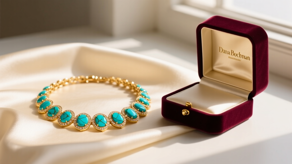 Gold Dana Buchman necklace with turquoise resin stones on cream silk beside an open velvet gift box, warm lighting