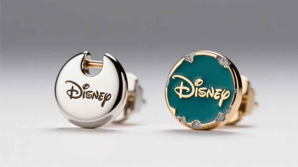 Side-by-side comparison of a genuine Disney stamped earring back and a poorly cast unlicensed counterfeit with rough enamel edges