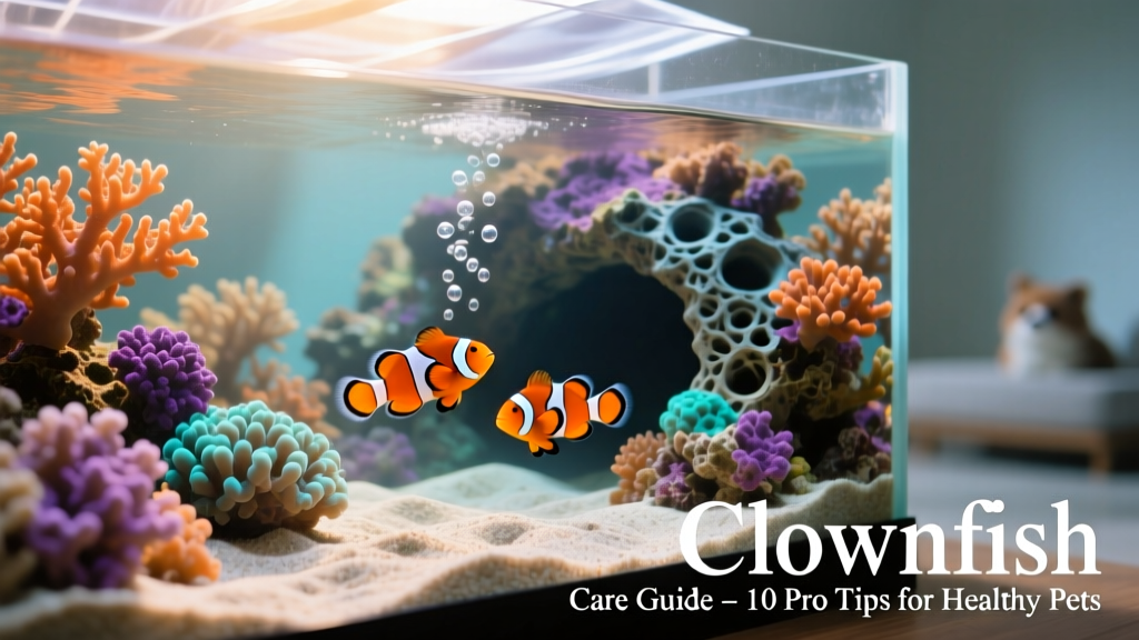 Well-arranged saltwater aquarium with live rock, coral, sand substrate, and a pair of clownfish swimming near a decorative cave