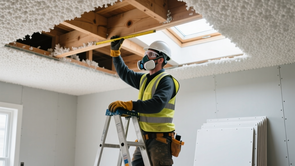 Contractor in protective gear measuring ceiling joists through a removed popcorn texture section before hanging new drywall panels