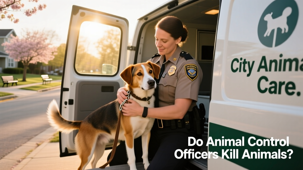 A compassionate animal control officer gently placing a calm, healthy dog into a transport vehicle