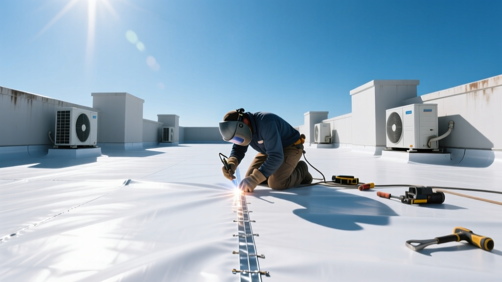 Roofer welding white TPO membrane seams on a large flat roof with HVAC units and parapet walls in bright sunlight.