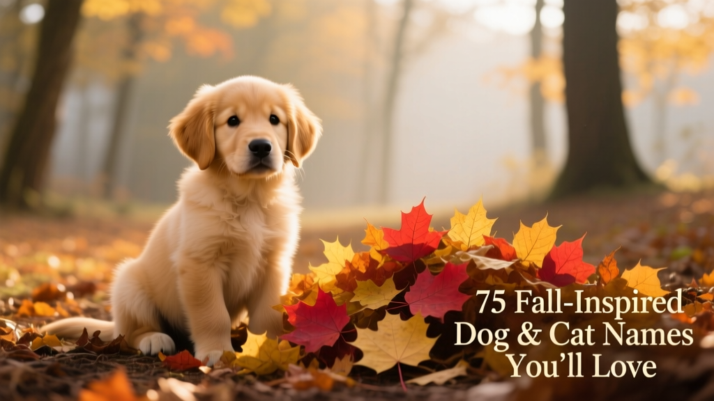 Golden retriever puppy sitting beside a pile of colorful fall leaves
