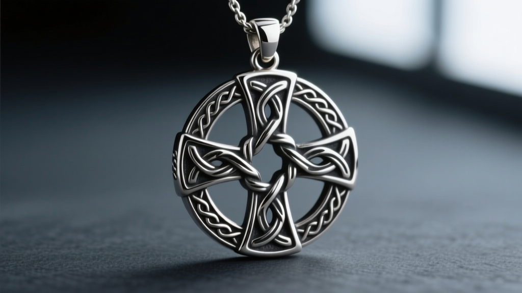 Macro photography of a 925 sterling silver oxidized Celtic cross in a circle pendant, showing intricate details on dark slate.