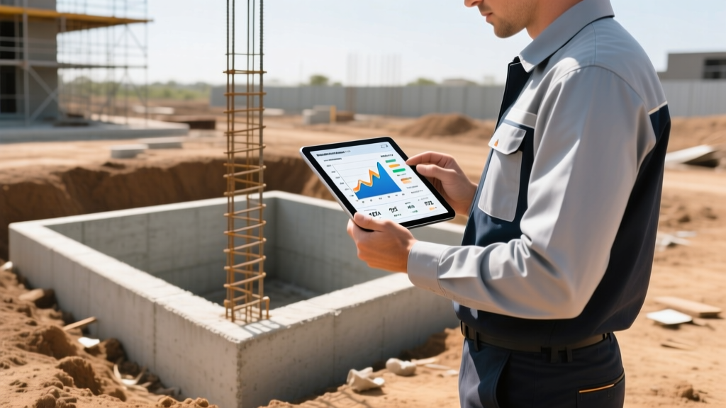 Engineer reviewing tablet showing helical pier load data next to an excavated residential concrete footing in bright daylight