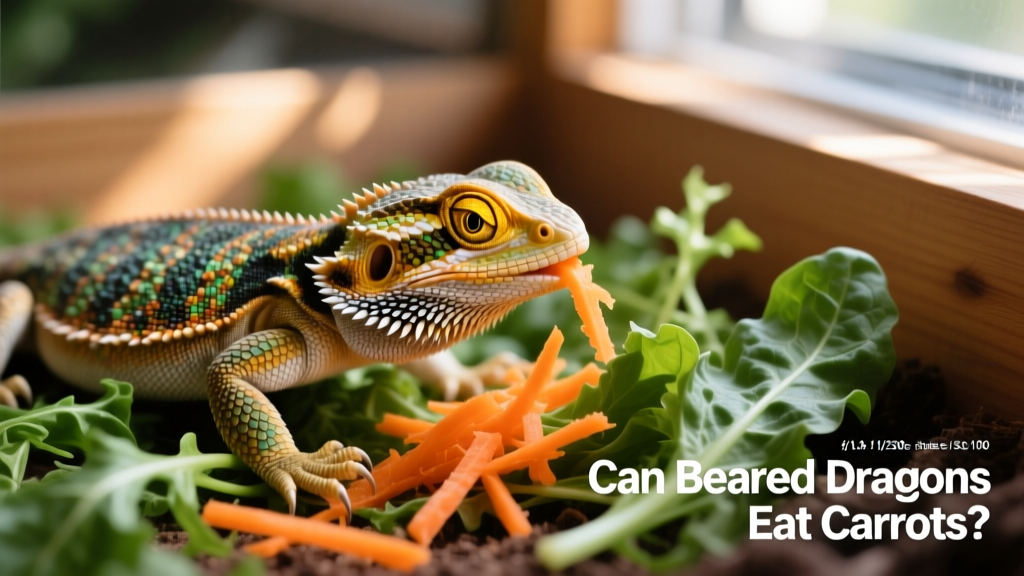 Close-up of a bearded dragon gently nibbling shredded orange carrots atop a bed of leafy greens