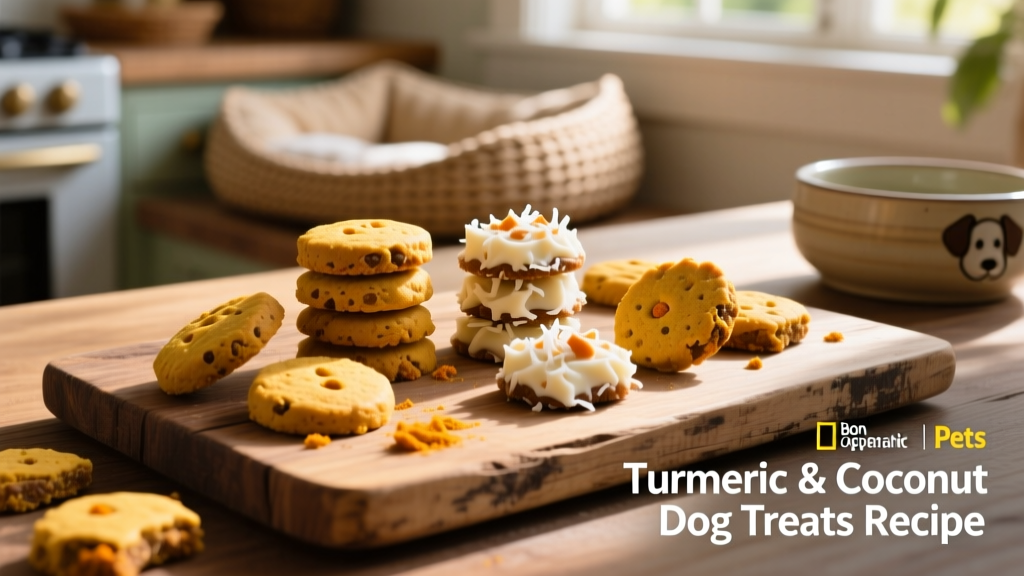 Homemade turmeric and coconut dog treats arranged on a rustic wooden board