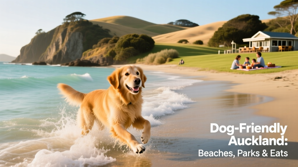 A happy dog splashing in gentle waves along a New Zealand coastline