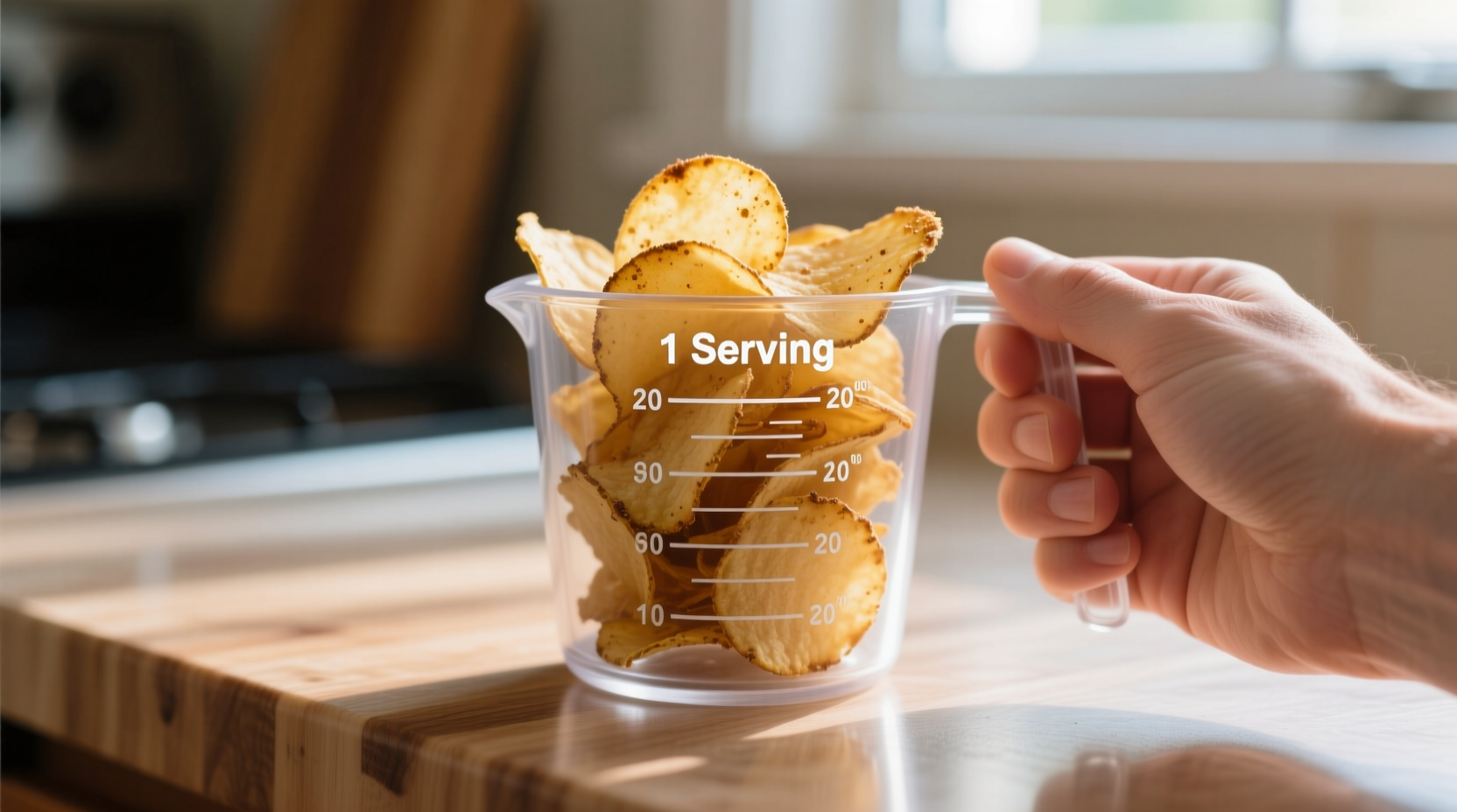 Hand holding measuring cup with one serving of potato chips